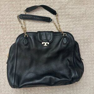 Tory Burch Sammy T Satchel / Shoulder Bag in Black Pebbled Leather, Purse